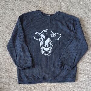 Blue Ribbed Crewneck Sweatshirt with White Cow Graphic by American Farm Company